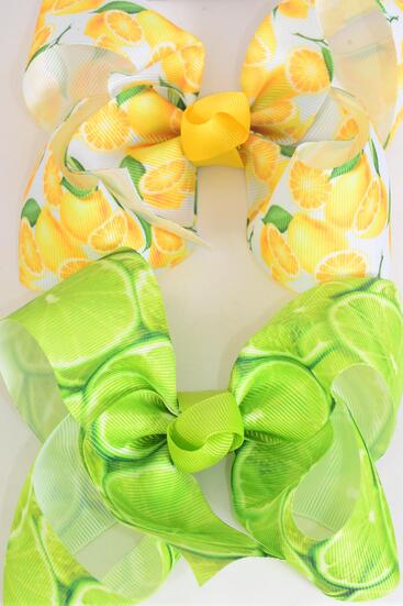 Hair Bow Jumbo Lemon Lime Fruit Pattern Mix Grosgrain Bow-tie / 12 pcs Bow = Dozen Alligator Clip , Size - 6" x 5" Wide , 6 Lemom , 6 Lime Pattern Asst , Clip Strip & UPC Code