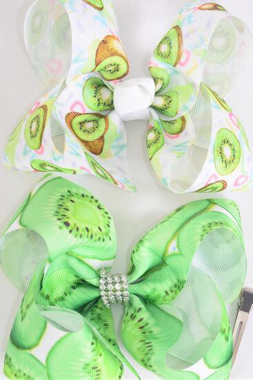 Hair Bow Jumbo Kiwi fruit Grosgrain Bow-tie / 12 pcs Bow = Dozen Kiwi , Alligator Clip , Size - 6" x 5" Wide , 6 Of each Pattern Asst , Clip Strip & UPC Code