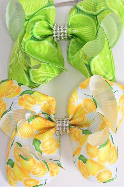 Hair Bow Jumbo Lemon Lime Mix Grosgrain Bow-tie / 12 pcs Bow = Dozen Alligator Clip , Size - 6" x 5" Wide , 6 of each Pattern , Clip Strip & UPC Code