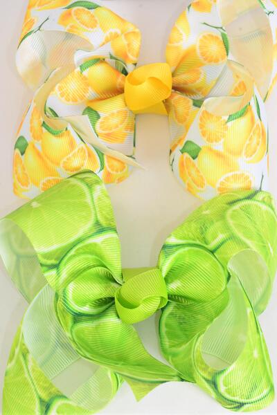 Hair Bow Jumbo Lemon Lime Fruit Pattern Mix Grosgrain Bow-tie / 12 pcs Bow = Dozen Alligator Clip , Size - 6" x 5" Wide , 6 Lemom , 6 Lime Pattern Asst , Clip Strip & UPC Code