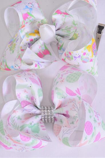 Hair Bow Jumbo Bunny Bird easter Egg Flower Pattern Mix Grosgrain Bow-tie / 12 pcs Bow = Dozen Alligator Clip , Size - 6" x 5" Wide , 6 Of each Pattern Asst , Clip Strip and UPC Code