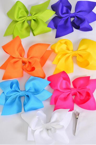Hair Bow Citrus Color Mix Grosgrain Bow-tie / 12 pcs Bow = Dozen Alligator Clip , Size - 3.5" x 3" Wide , 2 Fuchsia , 2 Blue , 2 Yellow , 2 Purple , 2 White , 1 Lime , 1 Orange Color Mix , Clip Strip & UPC Code