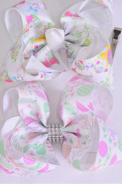 Hair Bow Jumbo Bunny Bird easter Egg Flower Pattern Mix Grosgrain Bow-tie / 12 pcs Bow = Dozen Alligator Clip , Size - 6" x 5" Wide , 6 Of each Pattern Asst , Clip Strip and UPC Code