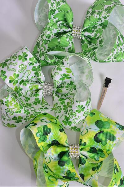 Hair Bow Jumbo Clover Shamrock Pattern Mix Grosgrain Bow-tie / 12 pcs Bow = Dozen Alligator Clip , Size - 6" x 5" Wide , 4 Of Each Pattern Asst , Clip Strip and UPC Code