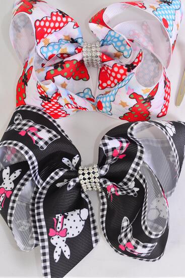 Hair Bow Jumbo Polka Dots Bunny Mix Grosgrain Bow-tie / 12 pcs Bow = Dozen Alligator Clip , Size - 6" x 5" Wide , 6 Of each Pattern Asst , Clip Strip and UPC Code