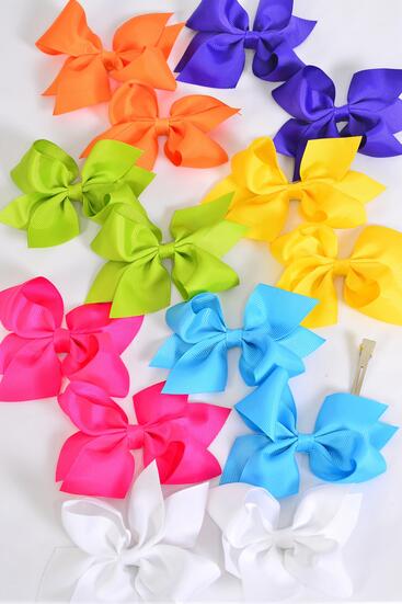 Hair Bow 24 pcs Grosgrain Bow-tie Citrus / 24 pcs Bow = Dozen Alligator Clip , Size - 3.5" x 3" Wide , 2 White, 2 Fuchsia , 2 Purple , 2 Yellow , 2 Blue , 1 Lime , 1 Orange Color Asst , Clip Strip & UPC Code