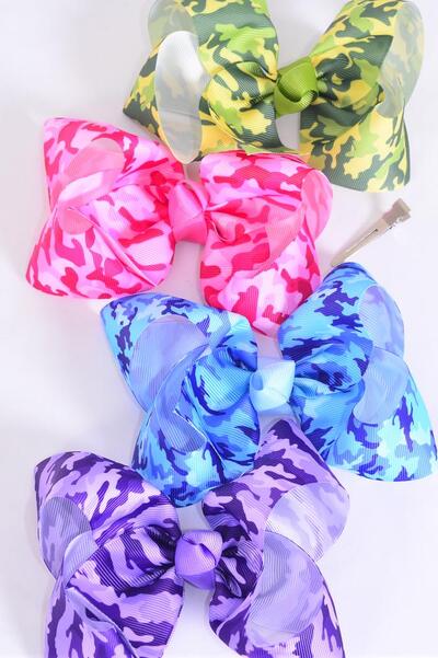 Hair Bow Jumbo Camouflage Grosgrain Bow-tie / 12 pcs Bow = Dozen  Camo , Alligator Clip , Size - 6" x 5" Wide , 3 Of each Color Asst , Clip Strip & UPC Code