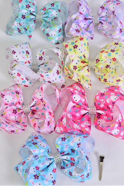 Hair Bow Jumbo Cute Bunny Face Pastel Grosgrain Bow-tie / 12 pcs Bow = Dozen Alligator Clip , Size - 6" x 5", 2 White , 2 Baby Pink , 2 Lavender , 2 Blue , 2 Yellow , 1 Hot Pink , 1 Mint Green Color Asst , Clip Strip & UPC Code
