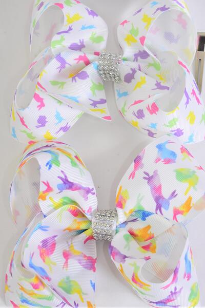Hair Bow Jumbo Bunny Grosgrain Bow-tie / 12 pcs Bow = Dozen Alligator Clip , Size - 6" x 5" Wide , 6 of each Pattern Asst , Clip Strip & UPC Code