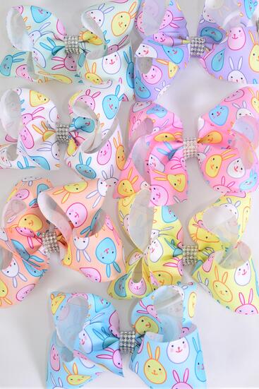 Hair Bow Jumbo Cute Bunny Pastel Grosgrain Bow-tie / 12 pcs Bow = Dozen  Alligator Clip , Size - 6" x 5" , 2 White , 2 Baby Pink , 2 Lavender , 2 Blue , 2 Yellow , 1 Peach , 1 Mint Green Color Asst , Clip Strip & UPC Code