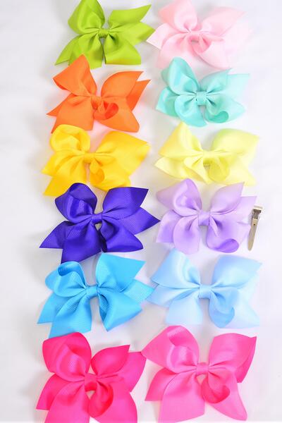 Hair Bow Rainbow Color Mix Grosgrain Bow-tie / 12 pcs Bow = Dozen Alligator Clip , Size - 3.5" x 3" Wide , 12 color Asst , Clip Strip & UPC Code