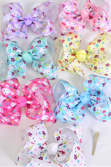 Hair Bow Jumbo Easter Bunny Pastel Grosgrain Bow-tie / 12 pcs Bow = Dozen Alligator Clip , Size - 6" x 5", 2 White , 2 Baby Pink , 2 Lavender , 2 Blue , 2 Yellow , 1 Hot Pink , 1 Mint Green Color Asst , Clip Strip & UPC Code