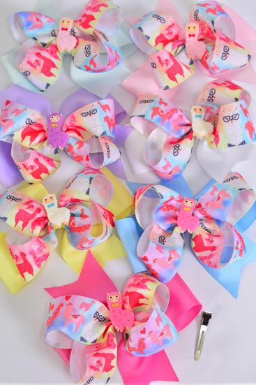 Hair Bow Jumbo Double Layered Llama Charm Grosgrain Bow-tie Pastel / 12 pcs Bow = Dozen Alligator Clip , Size - 6" x 5" , 2 White , 2 Pink , 2 Hot Pink , 2 Lavender , 2 Mint Green , 1 Yellow , 1 Blue Color Asst , Clip Strip & UPC Code