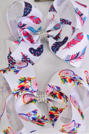 Hair Bow Jumbo Dream Catcher Feather Pattern Mix Grosgrain Bow-tie / 12 pcs Bow = Dozen Alligator Clip , Size - 6" x 5" Wide , 6 Of Each Pattern Asst , Clip Strip and UPC Code