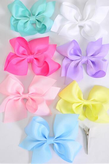 Hair Bow Pastel Color Mix Grosgrain Bow-tie / 12 pcs Bow = Dozen Alligator Clip , Size - 3.5" x 3" Wide , 2 White , 2 Pink , 2 Yellow , 2 Lavender , 2 Blue , 1 Hot Pink , 1 Mint Green Mix , Clip Strip & UPC Code