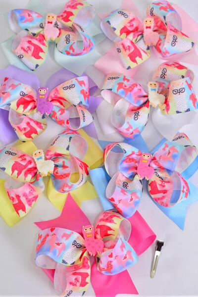 Hair Bow Jumbo Double Layered Llama Charm Grosgrain Bow-tie Pastel / 12 pcs Bow = Dozen Alligator Clip , Size - 6" x 5" , 2 White , 2 Pink , 2 Hot Pink , 2 Lavender , 2 Mint Green , 1 Yellow , 1 Blue Color Asst , Clip Strip & UPC Code