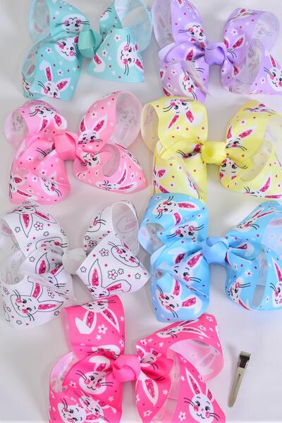 Hair Bow Jumbo Cute Bunny Face Pastel Grosgrain Bow-tie / 12 pcs = Dozen  Alligator Clip , Size - 6" x 5", 2 White , 2 Baby Pink , 2 Lavender , 2 Blue , 2 Yellow , 1 Hot Pink , 1 Mint Green Asst , Clip Strip & UPC Code