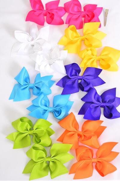 Hair Bow 24 pcs Grosgrain Bow-tie Citrus / 24 pcs Bow = Dozen Alligator Clip , Size - 3.5" x 3" Wide , 2 White, 2 Fuchsia , 2 Purple , 2 Yellow , 2 Blue , 1 Lime , 1 Orange Color Asst , Clip Strip & UPC Code