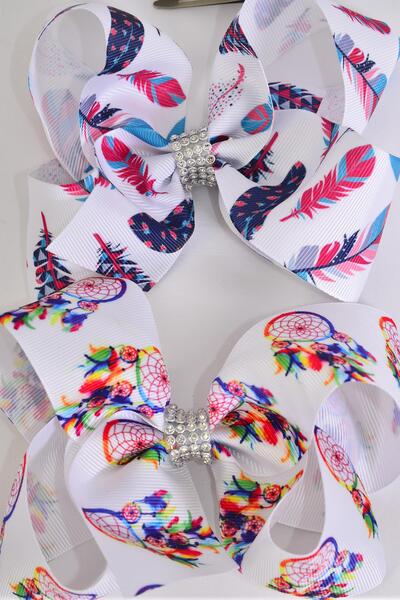 Hair Bow Jumbo Dream Catcher Feather Pattern Mix Grosgrain Bow-tie / 12 pcs Bow = Dozen Alligator Clip , Size - 6" x 5" Wide , 6 Of Each Pattern Asst , Clip Strip and UPC Code