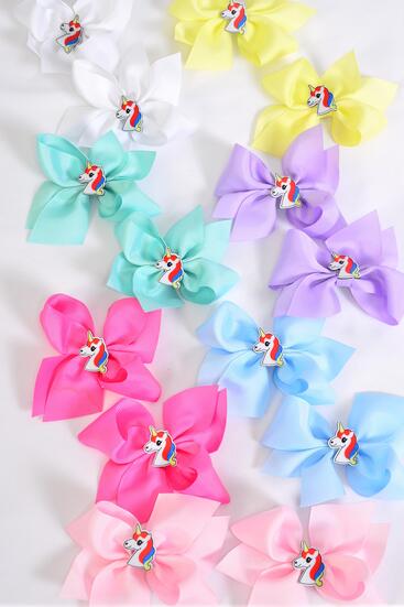 Hair Bow 24 pcs Center Unicorn Charm Pastel Grosgrain Bow-tie / 24 pcs Bow = Dozen Alligator Clip , Size - 3.5" x 3", 2 White ,2 Baby Pink ,2 Lavender ,2 Hot Pink ,2 Mint Green ,1 Blue ,1 Yellow Color Asst ,Clip Strip & UPC Code