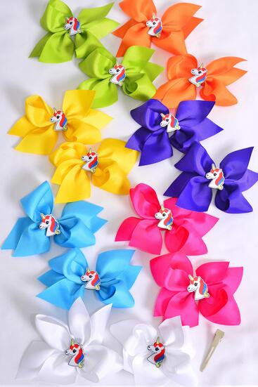 Hair Bow 24 pcs Center Unicorn Charm Citrus Grosgrain Bow-tie / 24 pcs Bow = Dozen Size - 3.5" x 3" Wide , Alligator Clip , 2 Fuchsia ,2 Blue ,2 Yellow ,2 Purple ,2 White ,1 Lime ,1 Orange Color Mix , Clip Strip & UPC Code
