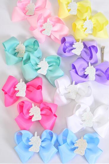 Hair Bow 24 pcs Center Unicorn Grosgrain Bow-tie Pastel / 24 pcs Bow = Dozen  Alligator Clip , Size - 3.5" x 3" , 2 White , 2 Baby Pink , 2 Lavender , 2 Hot Pink , 2 Mint ,1 Blue , 1 Yellow Color Asst , Clip Strip & UPC Code