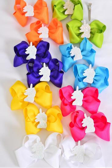 Hair Bow 24 pcs Center Unicorn Grosgrain Bow-tie Citrus / 24 pcs Bow = Dozen  Alligator Clip , Size - 3.5" x 3" Wide , 2 White , 2 Fuchsia , 2 Yellow , 2 Purple , 2 Blue , 1 Lime , 1 Orange Color mix , Clip Strip & UPC Code