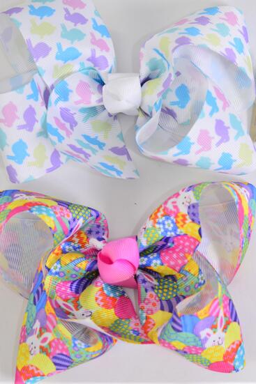 Hair Bow Jumbo Easter Bunny Eagg Mix Grosgrain Bow-tie / 12 pcs Bow = Dozen Alligator Clip , Size - 6" x 5" Wide , 6 Of each Pattern Asst , Clip Strip & UPC Code
