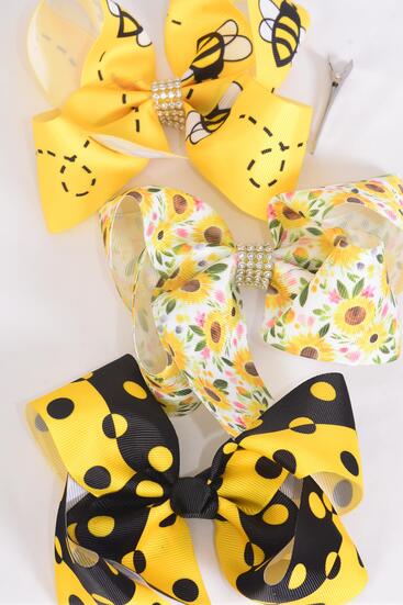 Hair Bow Jumbo Honey Bee Polka dot Sunflower Mix  Grosgrain Bow-tie / 12 pcs Bow = Dozen Alligator Clip , Size - 6" x 5" Wide , 4 Of each Pattern Asst , Clip Strip & UPC Code