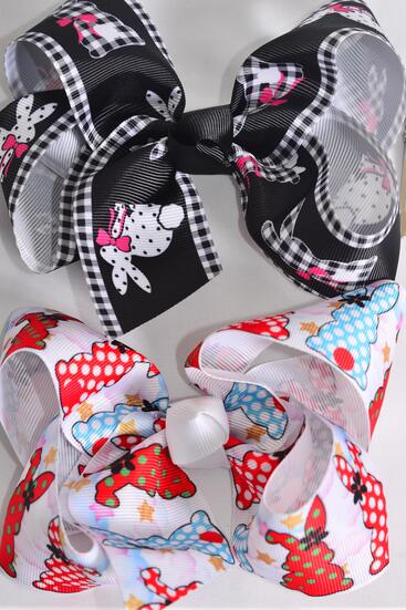 Hair Bow Jumbo Plaid Polka Dots Bunny Mix Grosgrain Bow-tie / 12 pcs Bow = Dozen  Alligator Clip , Size - 6" x 5" Wide , 6 Red , 6 Black Pattern Asst , Clip Strip and UPC Code