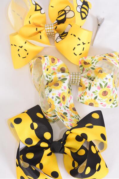 Hair Bow Jumbo Honey Bee Polka dot Sunflower Mix  Grosgrain Bow-tie / 12 pcs Bow = Dozen Alligator Clip , Size - 6" x 5" Wide , 4 Of each Pattern Asst , Clip Strip & UPC Code