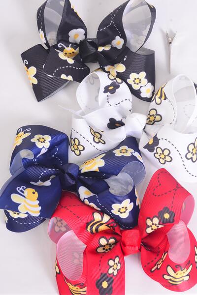 Hair Bow Jumbo Honey Bee W happy Flowers Grosgrain Bow-tie / 12 pcs Bow = Dozen  Alligator Clip , Size - 6" x 5" Wide , 3 Of Each Pattern Asst , Clip Strip and UPC Code