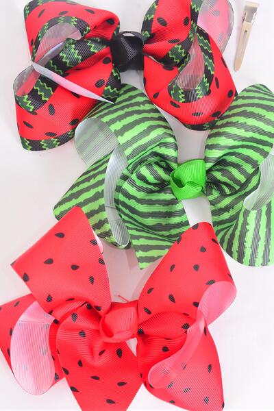 Hair Bow Jumbo Watermelon Pattern Asst Grosgrain Bow-tie / 12 pcs Bow = Dozen Alligator Clip , Size - 6" x 5" Wide , 4 Of Each Pattern Asst , Clip Strip & UPC Code