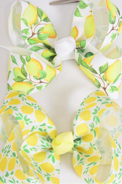 Hair Bow Jumbo Lemon Fruit Mix Grosgrain Bow-tie / 12 pcs Bow = Dozen Lemon , Alligator Clip , Size - 6" x 5" Wide , 6 of each Pattern Asst , Clip Strip & UPC Code