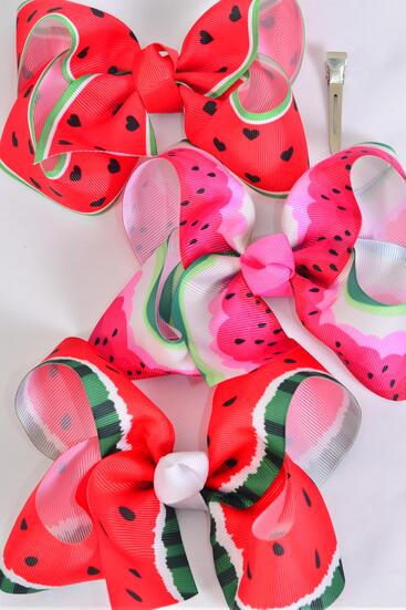 Hair Bow Jumbo Watermelon Grosgrain Bow-tie / 12 pcs Bow = Dozen  Alligator Clip , Size - 6" x 5" Wide , 4 Of Each Pattern Asst , Clip Strip & UPC Code