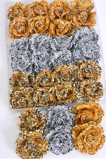 Flowers 24 pcs Leopard Print / 24 pcs Flower = Dozen Alligator Clip , Flower Size - 3" Wide , 4 Of each Color Asst , Display Card UPC Code , Clear Box