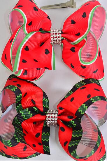 Hair Bow Jumbo Watermelon Grosgrain Bow-tie / 12 pcs Bow = Dozen  Alligator Clip , Size - 6" x 5" Wide , 6 of each Pattern Asst , Clip Strip and UPC Code  