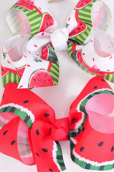 Hair Bow Jumbo Watermelon Grosgrain Bow-tie / 12 pcs Bow = Dozen  Alligator Clip , Size - 6" x 5" Wide , 6 of each Pattern Asst , Clip Strip and UPC Code