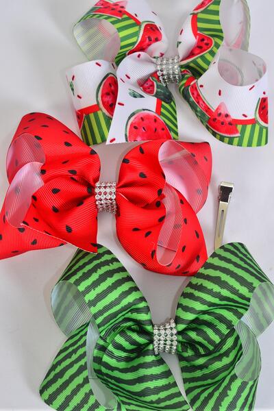 Hair Bow Jumbo Watermelon Grosgrain Bow-tie / 12 pcs Bow = Dozen Alligator Clip , Size - 6" x 5" Wide , 4 Of Each Pattern Asst , Clip Strip & UPC Code