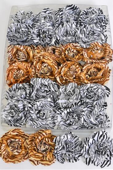 Flowers 24 pcs Zebra Print / 24 pcs Flower = Dozen Alligator Clip , Flower Size - 3" Wide , 8 White , 4 Brown Zebra Color Asst , Display Card & UPC Code,Clear Box