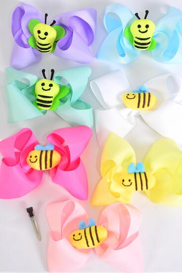 Hair Bow Jumbo Honey Bee Stuffed Toy Charm Grosgrain Bow-tie Pastel / 12 pcs Bow = Dozen Alligator Clip , Size - 6" x 5" Wide , 2 White , 2 Baby Pink , 2 Lavender , 2 Hot Pink , 2 Mint , 1 Blue , 1 Yellow Color Asst , Clip Strip & UPC Code