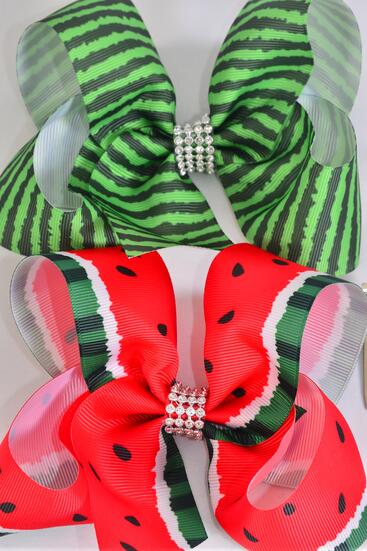 Hair Bow Jumbo Watermelon Grosgrain Bow-tie / 12 pcs Bow = Dozen  Alligator Clip , Size - 6" x 5" Wide , 6 of each Pattern Asst , Clip Strip and UPC Code