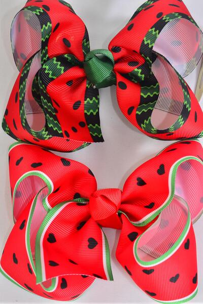 Hair Bow Jumbo Watermelon Grosgrain Bow-tie / 12 pcs Bow = Dozen  Alligator Clip , Size - 6" x 5" Wide , 6 of each Pattern Asst , Clip Strip and UPC Code