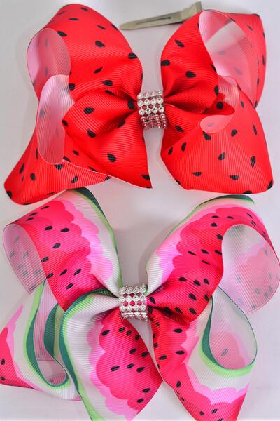 Hair Bow Jumbo Watermelon Grosgrain Bow-tie / 12 pcs Bow = Dozen  Alligator Clip , Size - 6" x 5" Wide , 6 of each Pattern Asst , Clip Strip and UPC Code