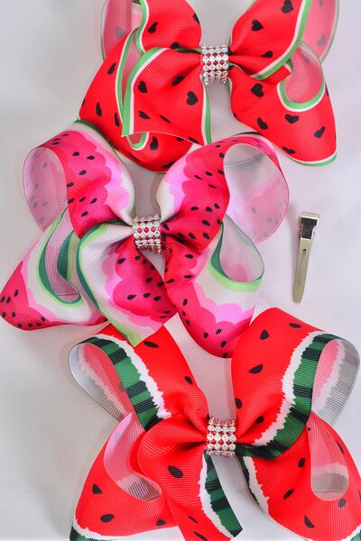 Hair Bow Jumbo Watermelon Grosgrain Bow-tie / 12 pcs Bow = Dozen  Alligator Clip , Size - 6" x 5" Wide , 4 Of Each Pattern Asst , Clip Strip & UPC Code