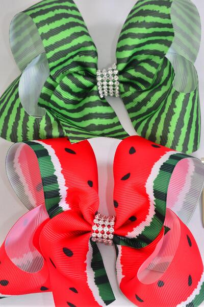 Hair Bow Jumbo Watermelon Grosgrain Bow-tie / 12 pcs Bow = Dozen  Alligator Clip , Size - 6" x 5" Wide , 6 of each Pattern Asst , Clip Strip and UPC Code