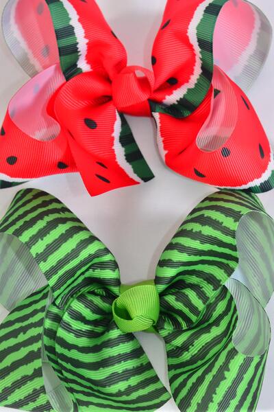 Hair Bow Jumbo Watermelon Grosgrain Bow-tie / 12 pcs Bow = Dozen  Alligator Clip , Size - 6" x 5" Wide , 6 of each Pattern Asst , Clip Strip and UPC Code