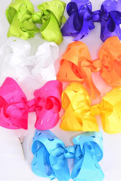 Hair Bow Jumbo Heart Grosgrain Bow-tie Citrus / 12 pcs Bow = Dozen  Alligator Clip , Size - 6" x 5" Wide , 2 White , 2 Fuchsia , 2 Purple , 2 Yellow , 2 Blue , 1 Lime , 1 Orange Color Asst , Clip Strip & UPC Code