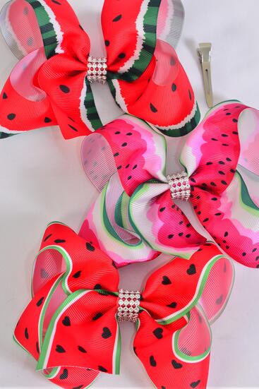 Hair Bow Jumbo Watermelon Grosgrain Bow-tie / 12 pcs Bow = Dozen  Alligator Clip , Size - 6" x 5" Wide , 4 Of Each Pattern Asst , Clip Strip & UPC Code