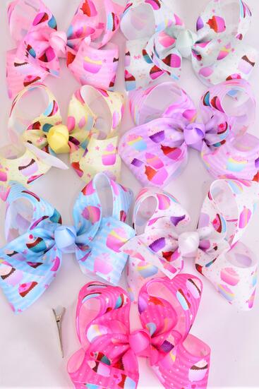 Hair Bow Jumbo Cupcake Mix Grosgrain Bow-tie Pastel /  12 pcs Bow = Dozen Alligator Clip , Size - 6" x 5" Wide , 2 White , 2 Baby Pink , 2 Lavender , 2 Hot Pink , 2 Mint , 1 Blue  , 1 Yellow Asst , Clip Strip & UPC Code